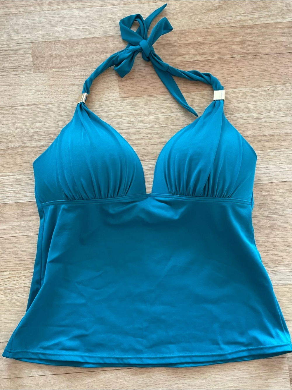VICTORIA’S SECRET Padded Push Up Tankini Swim Halter Top L Green Gold Accents